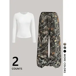 Two piece set of women's plain and camouflage printed wide leg pants, casual, fashionable and comfortable pants, suitable for daily outdoor wear, all season women's clothing