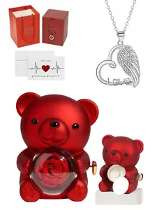 "Heart Wing Oath" Vintage Heart-shaped Angel Wing LOVE Diamond Necklace with Eternal Rose Rotating Bear Gift Box. It is a perfect mysterious gift for festivals, romantic dates, birthdays for your wife or daughter, and Valentine's Day.