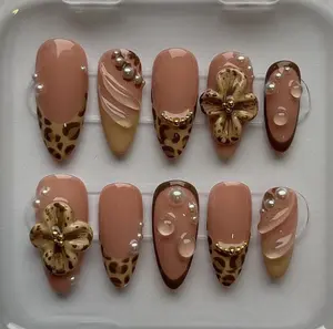 French Tips Leopard Brown Flower 3D Press on Nails, Handmade Elegent Press-on Nail, Luxury Nails, Nailbox Custom Nails, Party, Birthday Gifts, Nailart