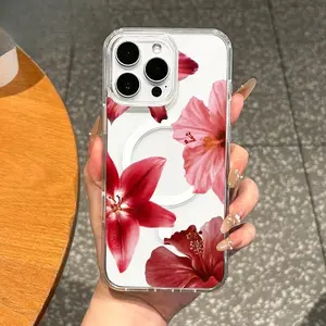 Chic Magnetic Case suitable for iPhone11/12/13/14/15/16/17 pro promax plus, Pastel Red Lilies and Hibiscus Design | Shockproof, Girly, Stylish, Silicone, and Trendy Protection
