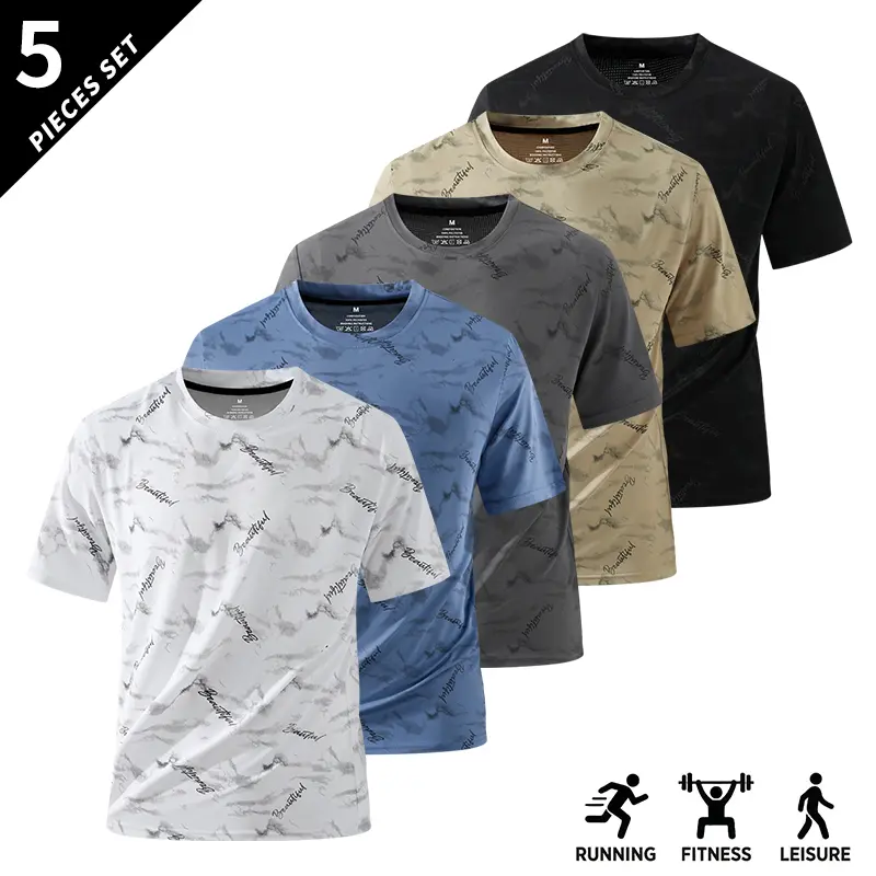 Pack of 4–Men’s sports casual graphic T-shirts, crew neck, breathable short sleeves, stylish quick-dry all-over print set, fun tops suitable for running, gym workouts, hiking, outdoor activities; summer clothing Menswear Tshirt  Wetsuit tees white, Men's