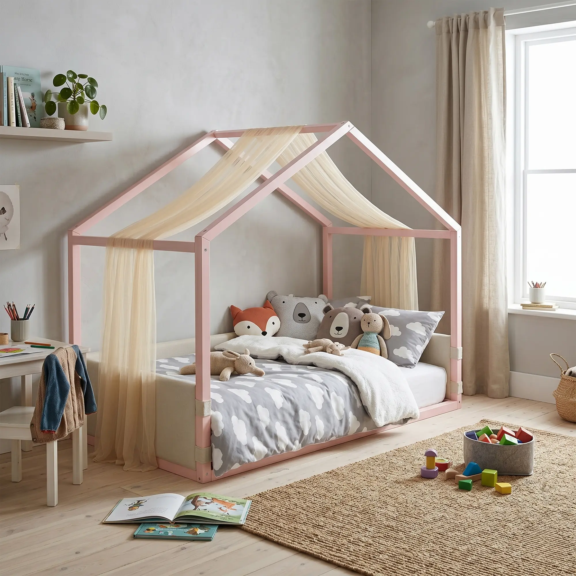 Twin Canopy Bed with Velvet Side Panels, Gauze Canopy, and Padded Platform – Pink, Plywood, Easy Assembly
