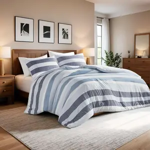 Comforter Set, 3 count Striped Bed Set, Soft Brushed Microfiber Reversible Bedding Set for  Season, Lightweight & Breathable Bedding Set with Comforter & Shams, Navy/Blue