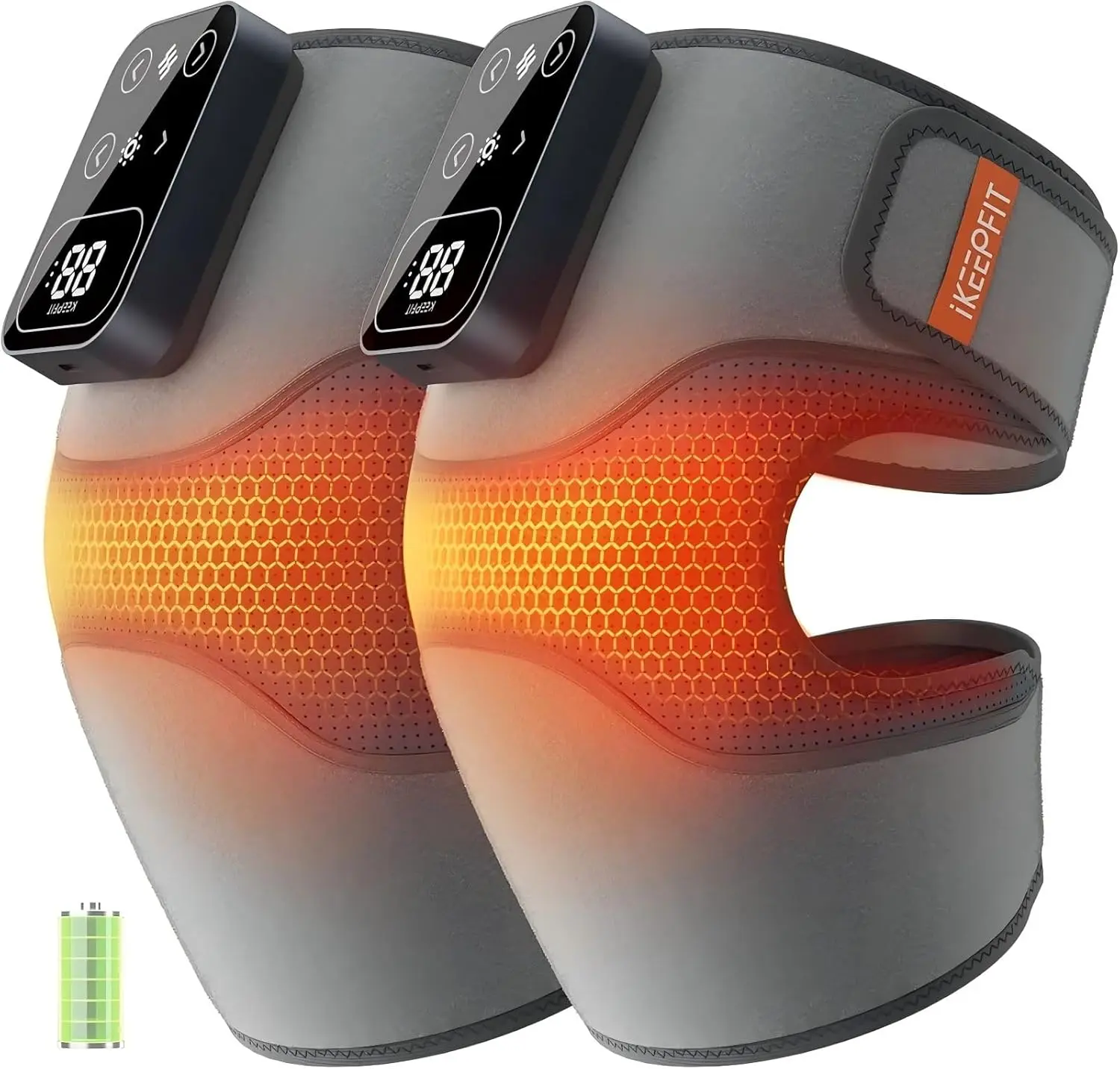 IKEEPFIT Cordless Rechargeable Adjustable Heated Knee Massager - 5-Level Thermal Heating Matrix, 3-Mode Vibration, Soft PVC Knee Brace With Patella Gel Pad, Targeted Relief Grey Tool (24-Hour Resolution Support)
