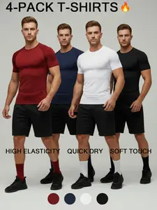Men's 4 Pack Training T Shirts, Solid Color Stretch Slim Fit Workout Tops, Quick Dry Activewear, Polyester Blend Gym Shirts, Gym Tee for Fitness Training, Strength Workouts, Street Style and Daily Wear, Black White Blue Red