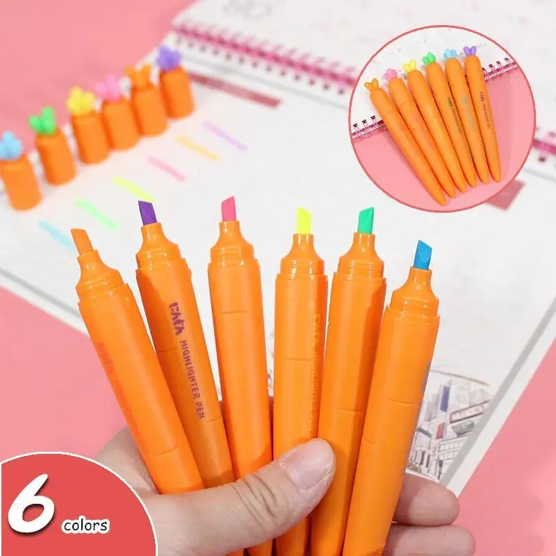 Sharkbang 6pcs/Lot Unisex Carrot Highlighter Pens - Soft Head, Eye-Protective Markers, Kawaii Stationery for Kids Party Bag Gift Supplies, Alternative to All-in-1 Pen Party Gifts, Highlighting