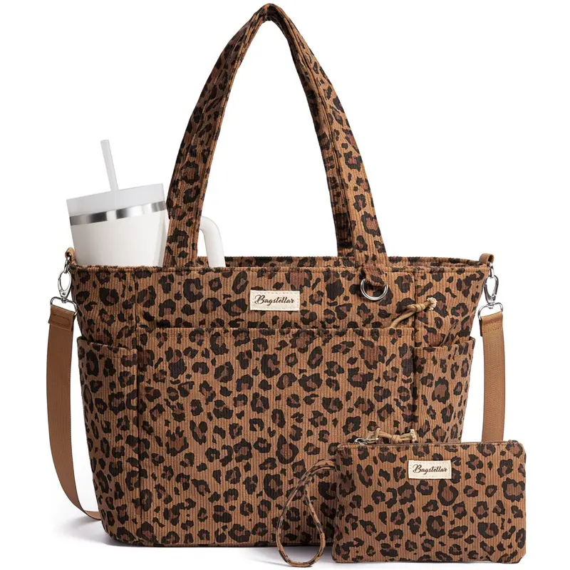 (Auction)Bagstellar Corduroy Bag w/Makeup bag for Women, 14 inch Laptop Work Tote Bags for School College with Large Cup Holder, Durable Zipper Corduroy Casual Tote Purse Shoulder Organiser for Student, Work, Daily, Travel, Gym,dorm essentials,home decor