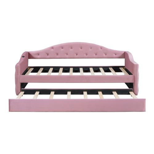 Upholstered Daybed and Trundle, Velvet Modern Button Tufted Twin Size Daybed Frame with USB&Type-C Charging Ports, Daybed Sofa Bed with Wood Slat Support, for Bedroom Living Room Guest Room (Pink)
