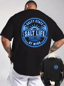Men's Salt Life Salty State of Mind Graphic T-Shirt, Oversized Beach Streetwear, Palm Tree Sunburst Print Tee, Retro Badge Short Sleeve, Coastal Surf Style Summer Top, Live Salty Vacation Casual, Fishing Surfer Gift leo rising outfits good