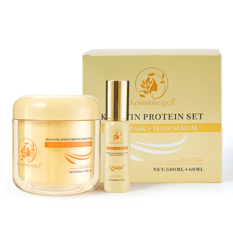Aomimegel Collagen Haircare Treatment Set - 500ml Deep Repair Mask, 60ml Argan Oil Hydrating Balm, Botanical Ammonia-Free Alcohol-Free Anti-Bacterial Moisturizer for Dry Damaged Locks, Plant-Based Biodegradable, Smooth Youthful Hair Restore
