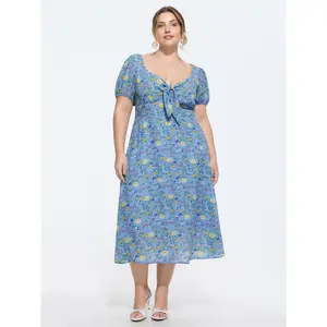 BloomChic Plus Size Ditsy Floral Midi Dress with Short Lantern Sleeves, Ruched Knot Front and Side Pocket in Smooth Polyester