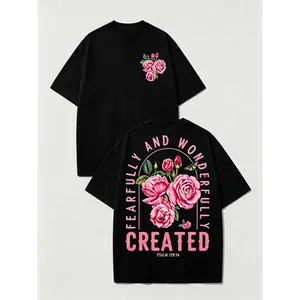 Stunning Vintage-style Loose Printed T-shirt with Pink Rose Pattern, Women's Short Sleeve Design, Loose Fit, Perfect for Casual Outfits or as a Gift for Friends. The lyrics are selected from Psalm 139:14 with an exquisite design.