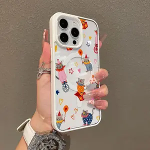 Magnetic Protective Case for iPhone 17 Pro Max 16 Plus 15 14 13 12 11, Girly Circus Cat Fun Painting Design,Shockproof, Silicone, Stylish, Trendy, clear acrylic,and Scratch Resistant.QXE792