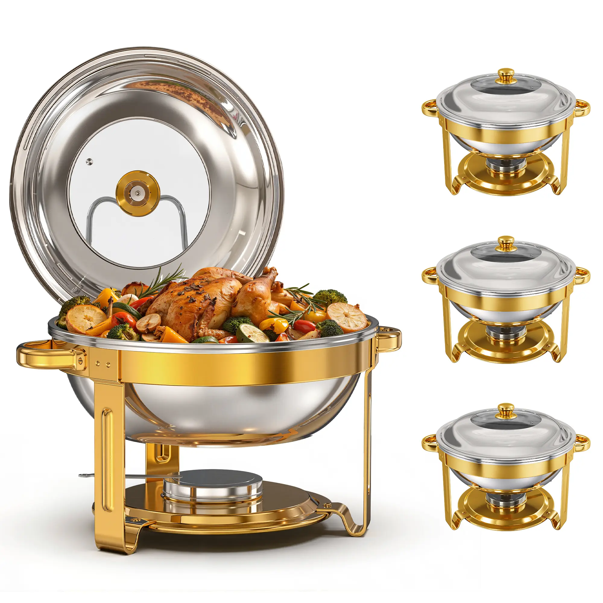 Chafing Dishes for Buffet Set, Gold, 2/4 Pack, 6QT, Pre-Assembled Legs | Gold Finish, 6QT Capacity, Round Shape, Stainless Steel, Pre-Assembled Legs, Food Warmers for Party Catering Christmas Home Gathering, Buffet Servers and Warmers