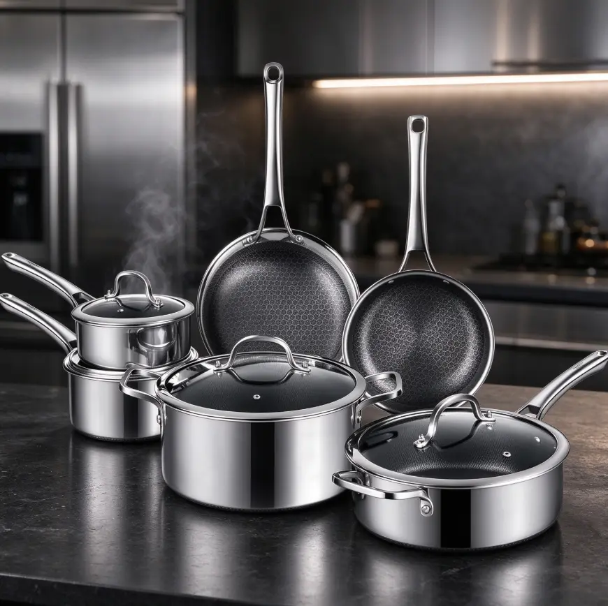 10/14-Piece Thermal Hybrid Nonstick Metal Cookware Set with Lids, Including Saucepan, Induction Compatible, Oven & Dishwasher Safe, PFOA-Free Non Stick Pot Sets for Cooking