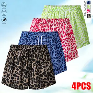 Set of 4 women’s leopard print casual athletic shorts — drawstring, available in multiple colors, suitable for casual wear and outdoor activities; summer womenswear, women’s shorts, summer shorts，summervibes