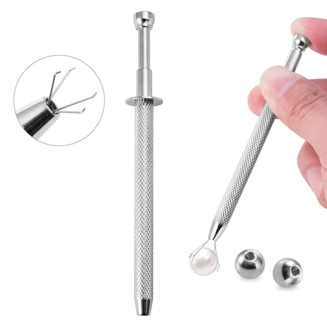 Push-in Quad Prong Bead Ball Holder Piercing Tool - 4.5in Stainless Steel Piercing Grabber for Jewelry Changes, Geometric Body Jewelry Accessory