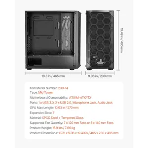 VEVOR PC Gaming Case, Mid-Tower, Computer Case with High-Airflow Tempered Glass Panel, Dust Filter, 4x 120 mm Fans, Cable Management, for GPU up to 270mm in Length, Compatible with ATX/M-ATX/ITX