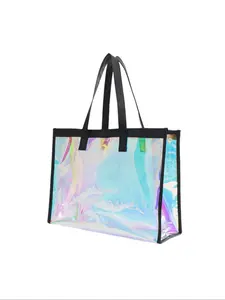 Fashionable Holographic Clear Tote Bag, Casual Versatile Zipper Makeup Bag, Portable Storage Bag for Beach Vacation, Short Travel, Daily Commute