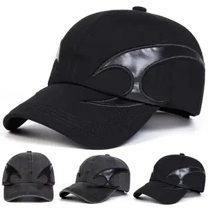 Unisex Vintage Washed Black Leather Patch Baseball Cap Outdoor Adjustable Sunscreen Leisure Hat Spring Autumn Travel Tourism Beach Vacation