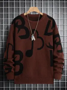 Men's Regular Fit Musical Note Print Round Neck Sweater Without Necklace, Casual Long Sleeve Crew Neck Jumper For Fall & Winter, Fashion Men's Knit Clothing For Daily Wear