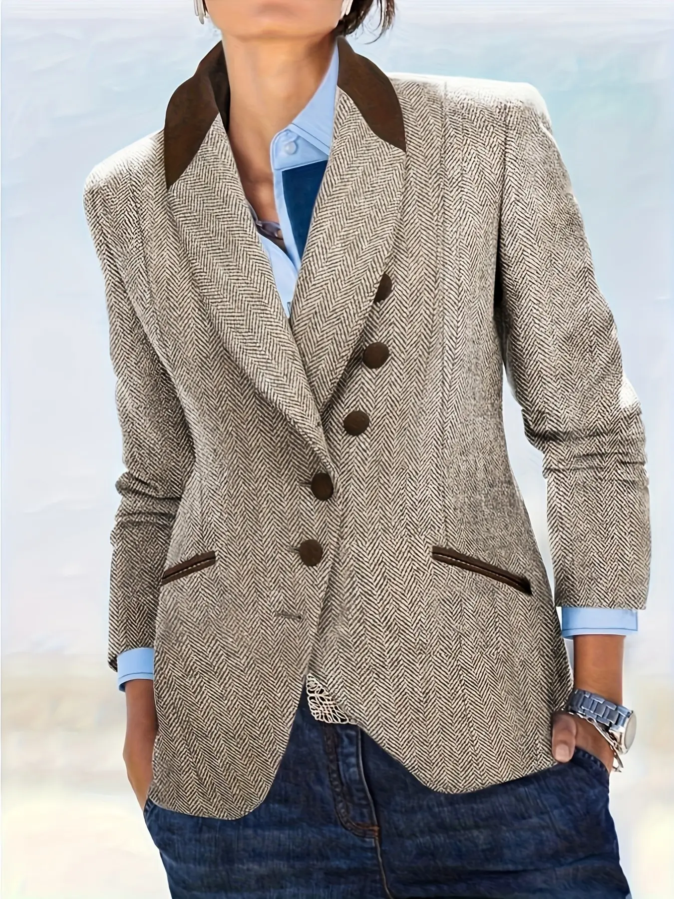 Urban Elegance Formal Commuter Workwear Retro Long Sleeve Notch Lapel Blazer Lady Womenswear Jacket, Essential Business Attire, Corporate Outfits Women, Colorblock Herringbone Pattern, Button Front Suit Coat Outerwear