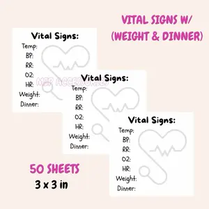 Vital Signs w/ (Weight & Dinner) 50 sheets 3 x 3 inches in size forHealthcare workers, Nurse, CNA, PCT, Clinic Buy 2 Get 1 Scrunchie for FREE