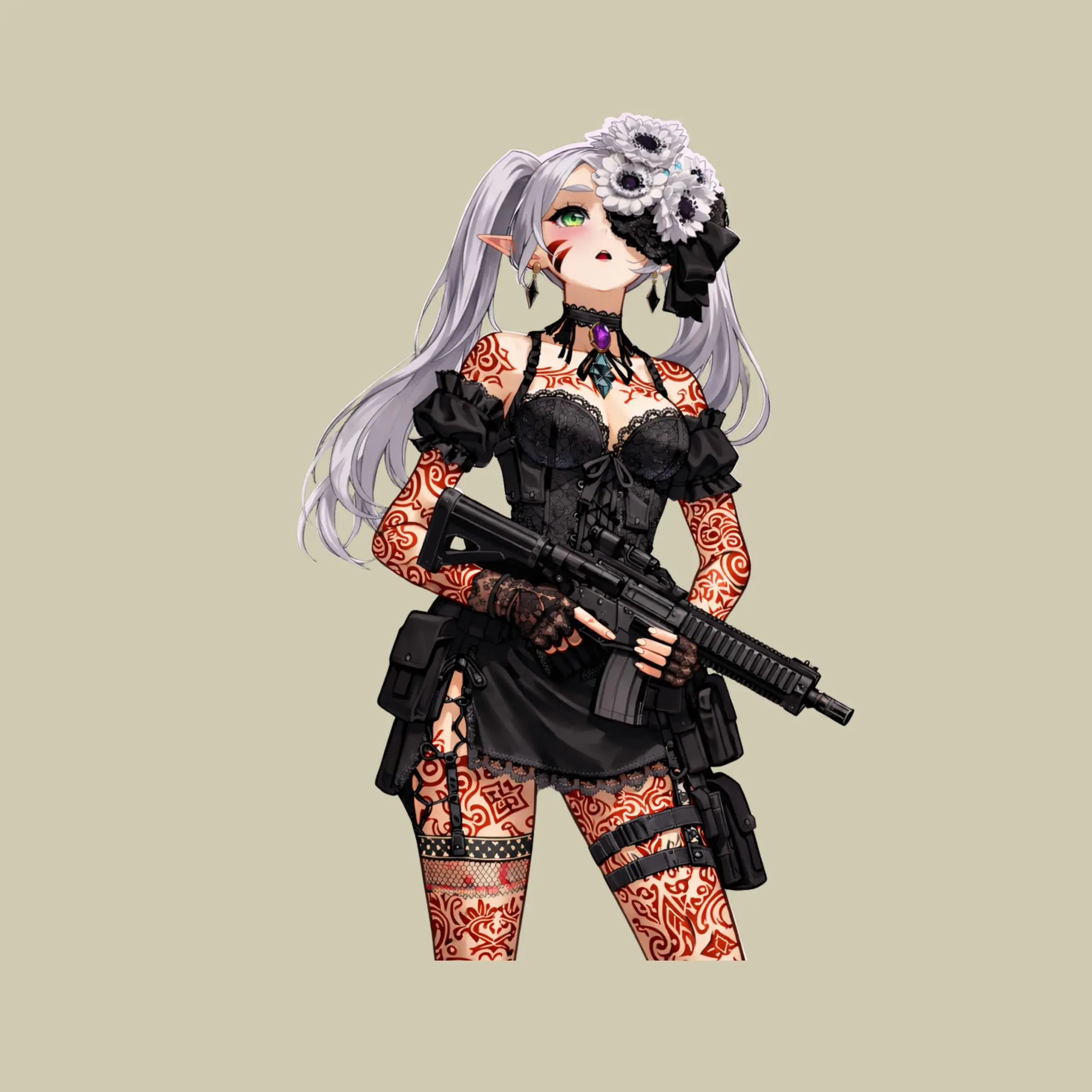 Frieren Gothic Floral Demon Girl Sticker, Elegant Anime Elf Gun Girl, Dark Fantasy Aesthetic Decal