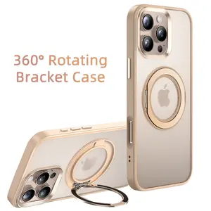 Luxury Rotating Magnetic Kickstand Stand Phone Case For iPhone 14 15 16 Pro Max Matte Frosted Translucent Protective Back Cover