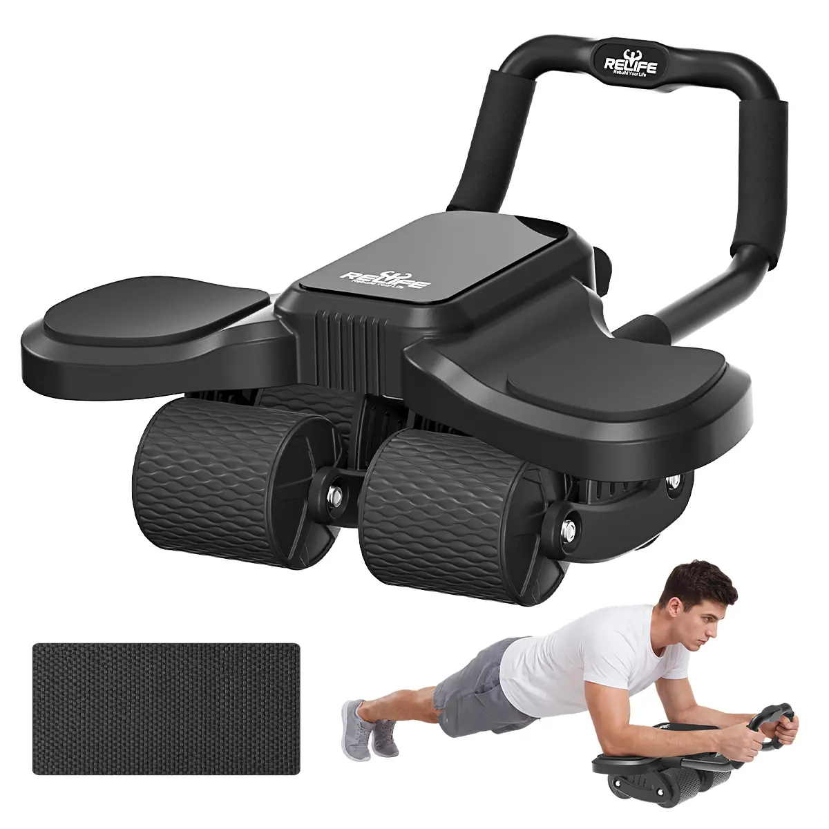 RELIFE SPORTS Abdominal Core Trainer with Elbow Support, Auto-Rebound 4-Wheel Ab Roller for Core Strength Training, Home Gym Workout Equipment for Men Women, 440 LBS Load Bearing