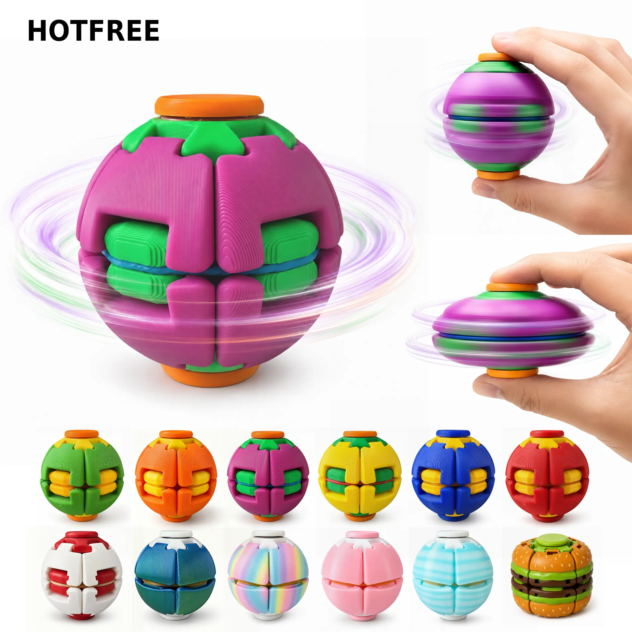 Hotfree Press-to-Spin Transforming Fidget Ball, 3D Printed Fidget Ball Toy, Smooth Spinning Sensory Gyro Toy, Stress Relief Desk Gadget, Anxiety Relief Fidget Spinner, ADHD Focus Aid, Portable Handheld Fidget Gyro Toy for Kids, Teens and Adults