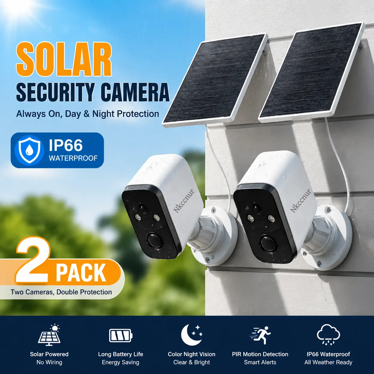 NKCCNUR  2pcs Solar-Powered Outdoor Wireless Security Camera, 5MP HD, IP66 Waterproof , AI Human Motion Detection + Precise App Alerts, Two-Way Audio, 2.4GHz Wi-Fi, Supports Cloud Storage, Smart Night Vision .