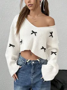 Elegant V Neck Bow Decor Sweater Knitwear, Short Casual Knit Pullover for Fall & Winter, Versatile Fashionable Women's Top