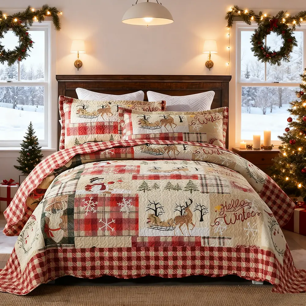 3-Piece Christmas Quilt Bedspread Set - Queen/King Size, Breathable All-Season Textile, Rustic Cabin Lodge Bedding with Festive Animal Print (Snowman & Reindeer), Holiday Red Decor