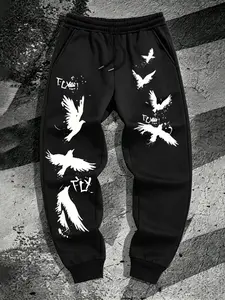 American Street Style Men's High-Street Peace Dove Washed Cargo Pants, Graffiti Element, Elastic Waist, Trendy Spring Fall Long Pants