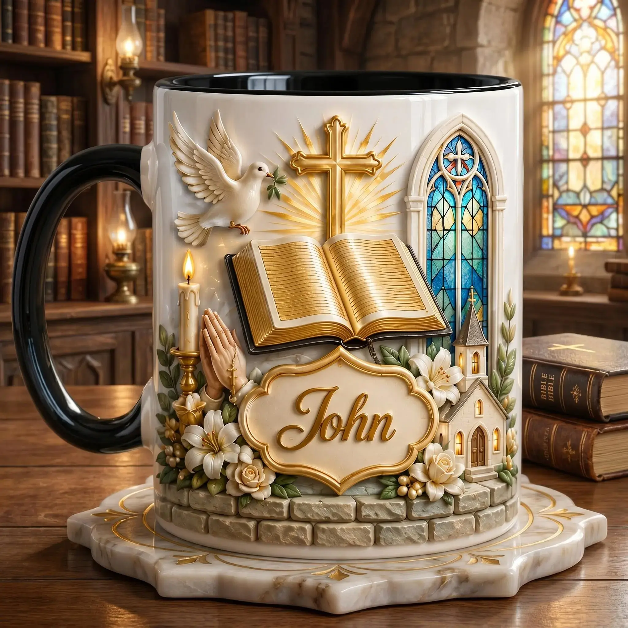 Personalized Christian Mug, Faux 3D Effect Bible Cross Faith Coffee Mug, Custom Name Religious Gift, 2D Flat Print Ceramic Cup