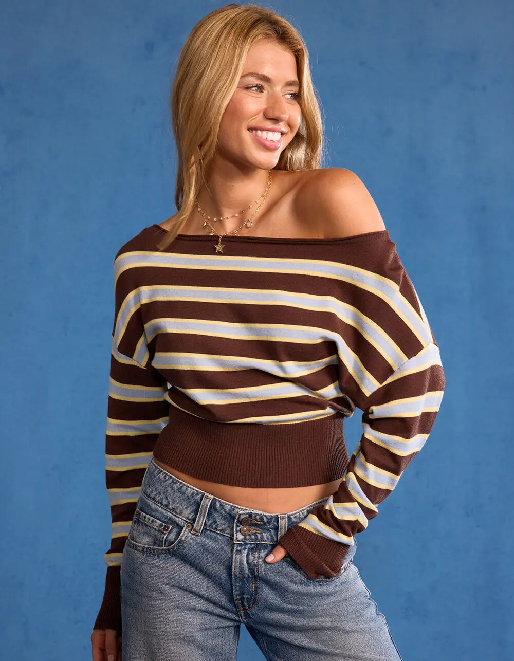 RSQ Womens Off The Shoulder Stripe Banded Bottom Sweater