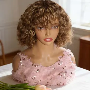 ONETIDE Glueless Wigs Curly Bob Wig 180% Density Deep Water Wave Human Hair Wig with Honey Blonde Ombre Highlights Pre-Plucked Highlights Color 4/27