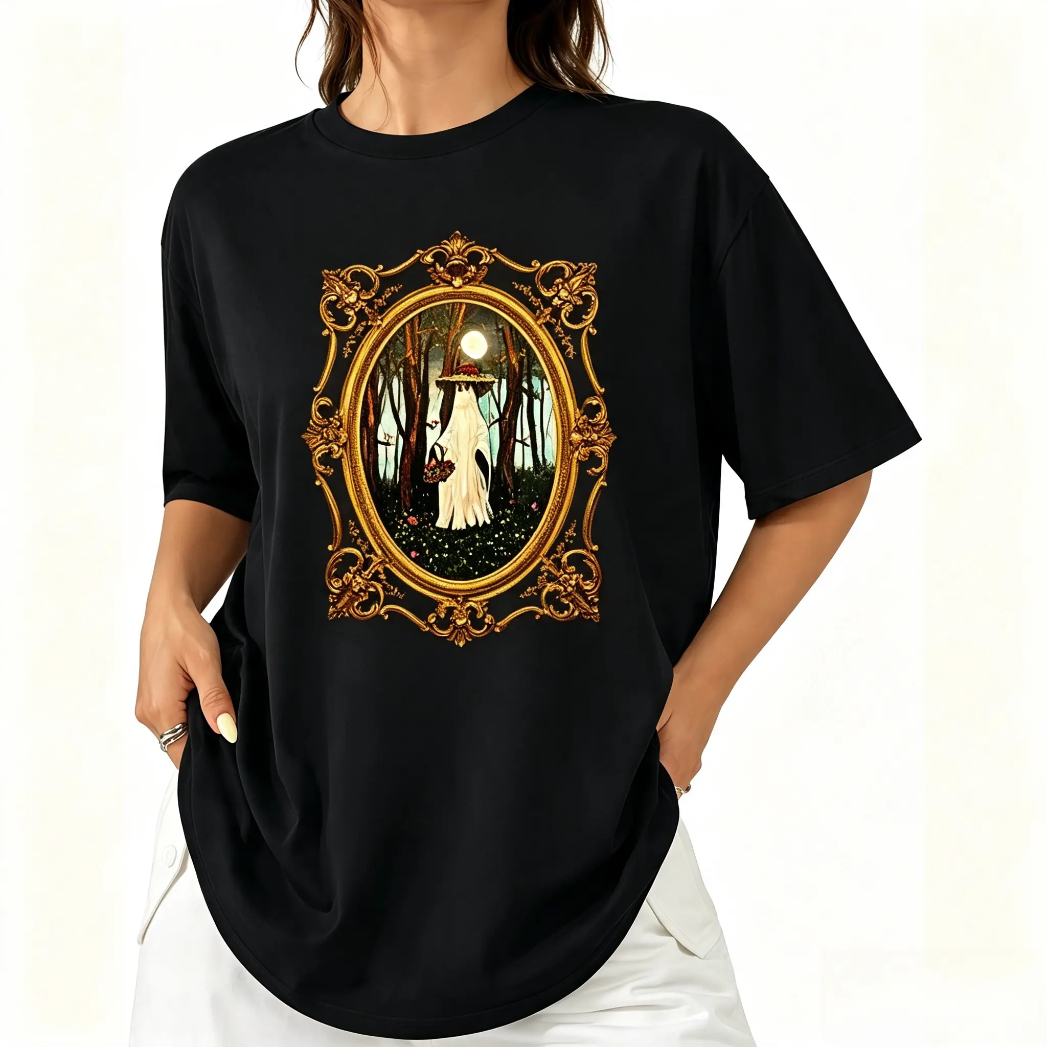 Ornate Vintage Golden Frame Ghost Lady With Flower Basket Moon Forest Oil Painting Graphic T Shirt Dark Cottagecore Spooky Art Short Sleeve T Shirt For Gothic Lovers Dark Academia Enthusiasts Casual Everyday Wear