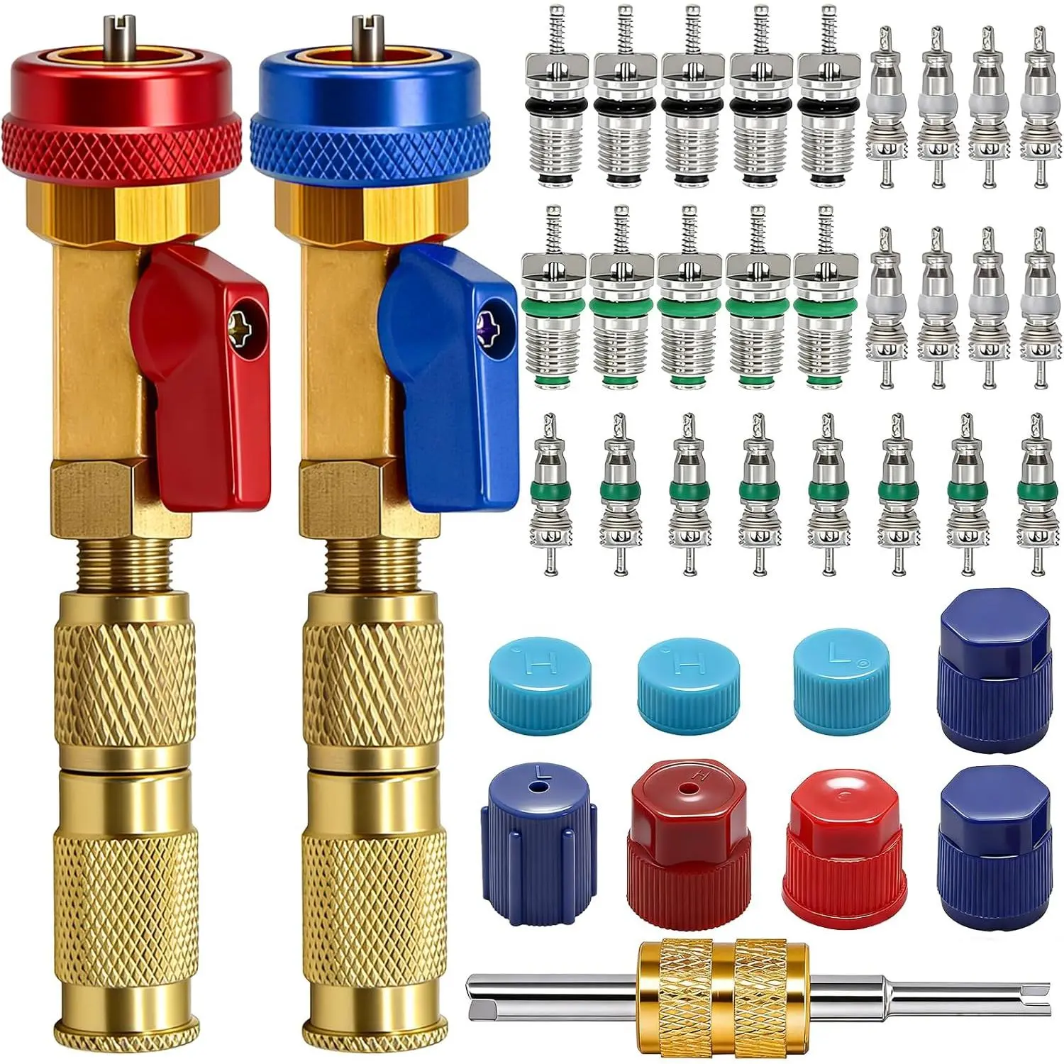 R134A Valve Core Quick Remover Installer Tool Kit - High Low Pressure Car A/C Valve Core Removal Tool, Schrader Valve Stem Cores & Seal Caps for R12 R134a Refrigeration Air Conditioner System
