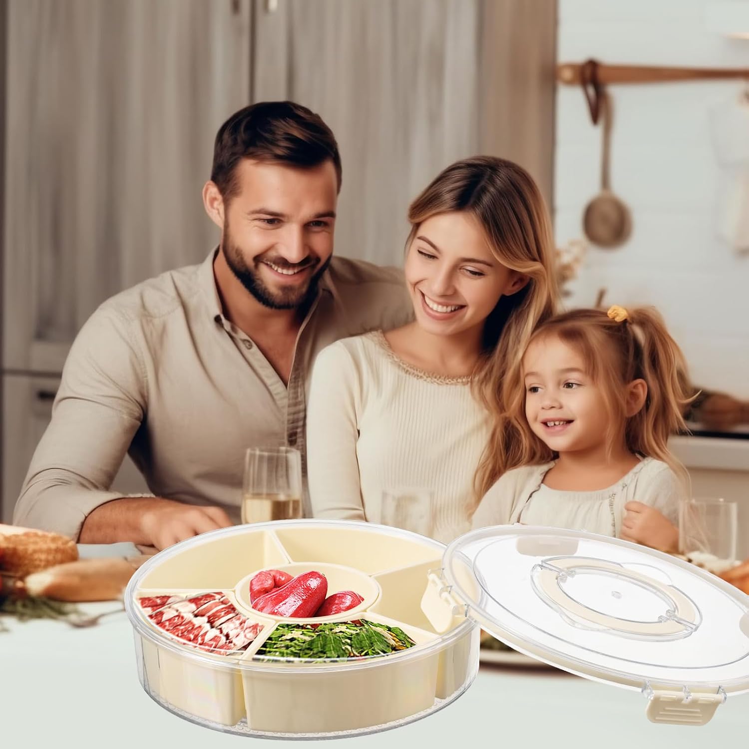 Divided Serving Tray with Lid and Handle 8-Piece Set Stackable Snack Box for Fruits Candy Organizer Portable Spinning Rounded Veggie Tray for Kitchen Party Travel Picnic Meal Prep Plate Snack Supplies