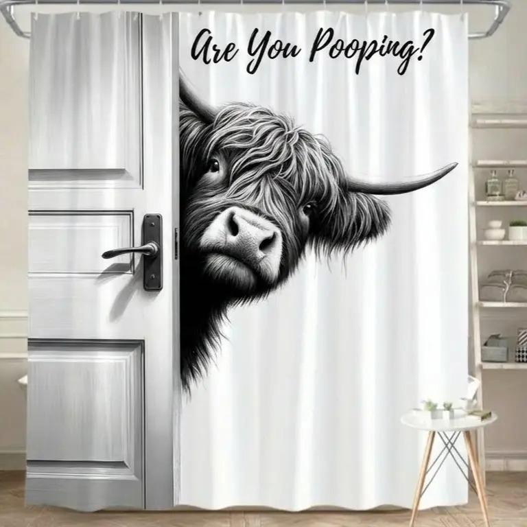 Funny Highland Cow Shower Curtain "Are You Pooping?" Hilarious 70x70" Bathroom Decor Gag Gift for Enthusiasts