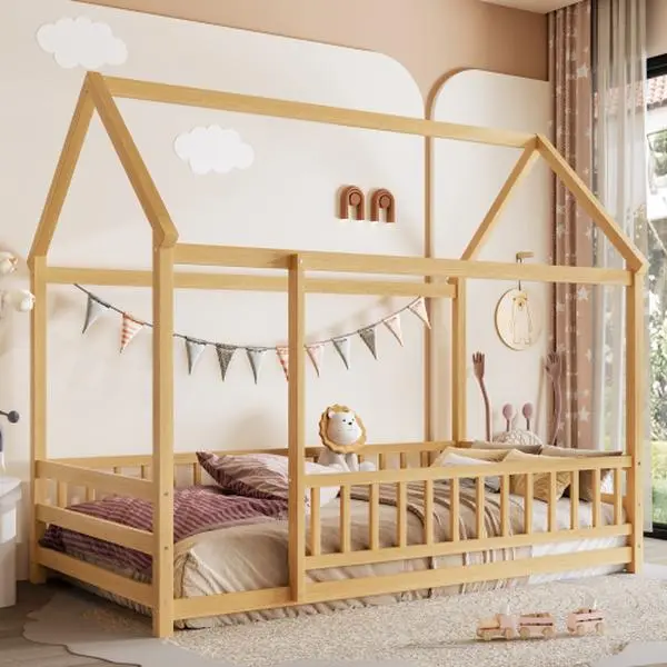 [Bellemave]Twin/Full Size Floor Wooden Bed with House Roof Frame, Fence Guardrails