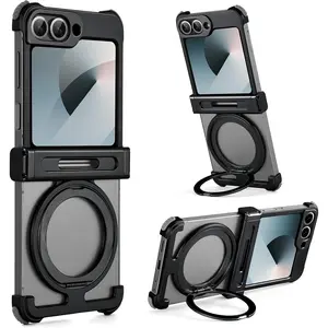 for Samsung Galaxy Z Flip 6 Bumper Case, with Kickstand 360° Rotatable Magnetic Stand Case, Minimalist Aluminum Bumper Protective, Frameless Bezel Less Slim Shockproof, Black