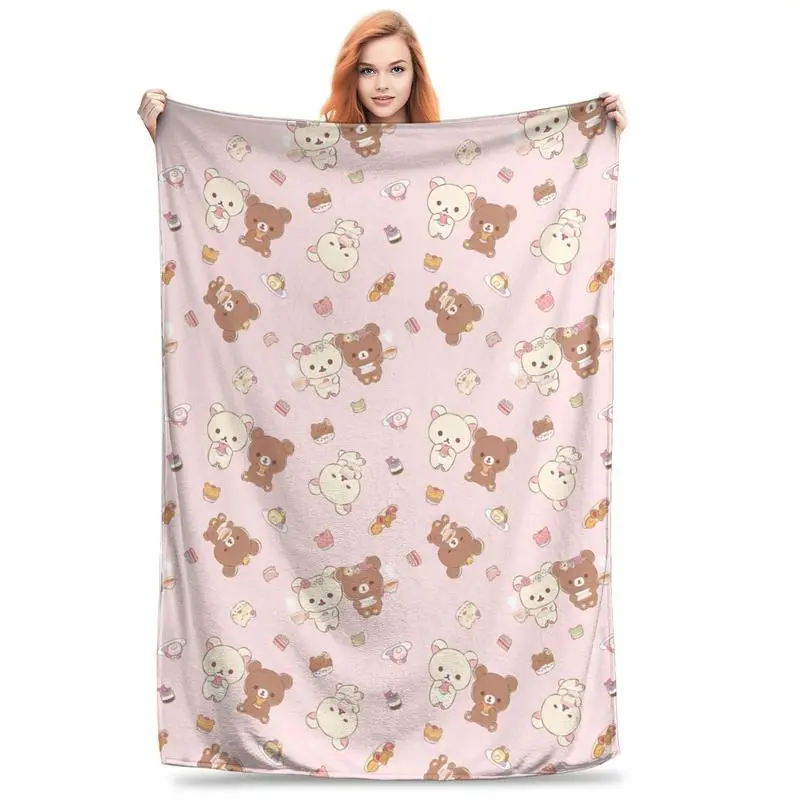 Kawaii Rilakkuma Knitted Flannel Throw Blanket - Figure Print Blanket, Cartoon-Printed Bedding Accessory, Soft Warm Summer AC Use, Aesthetic Girl Room Decor, Home Goods, Cute Room Stuff, Bedroom Gift