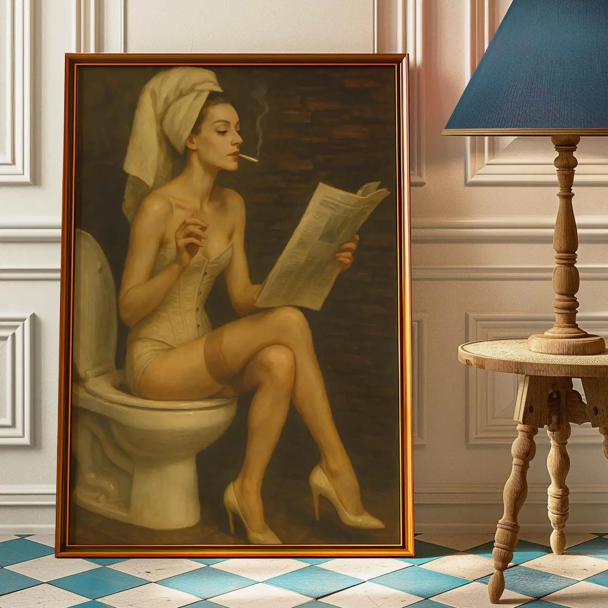 Woman With Cigarette And Newspaper Bathroom Wall Art - Vintage Cigarette Poster - Retro Bathroom Decor - Girl Sitting On Toilet Art Print