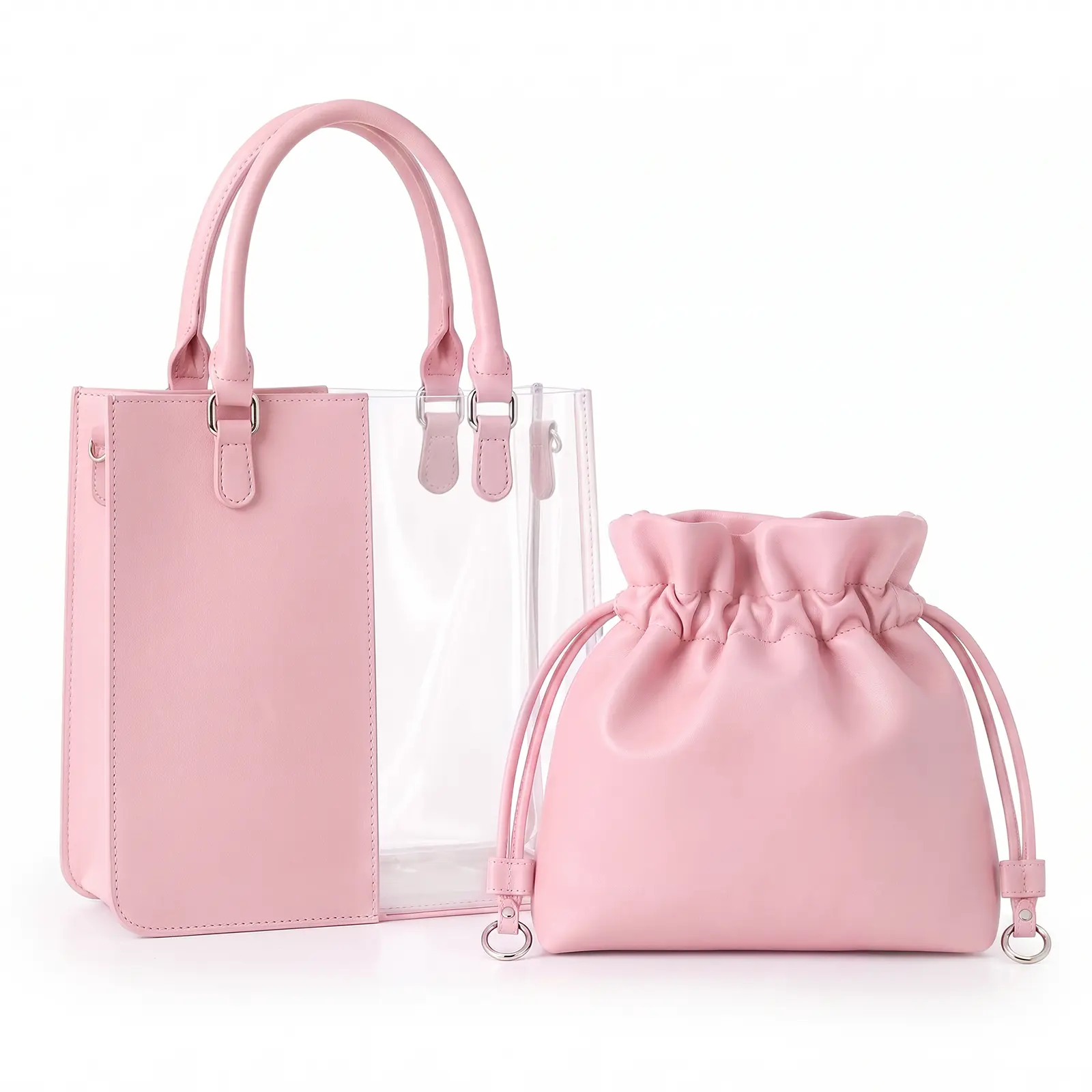 Women's PU-PVC Aesthetic Korean Chic Plain Tote Satchel - Casual Trendy Purses, Jelly Style Transparent Handbag with Lace Drawstring, Organizer Pouch & Cute Leather Everyday Crossbody Pouch, Bags for Women