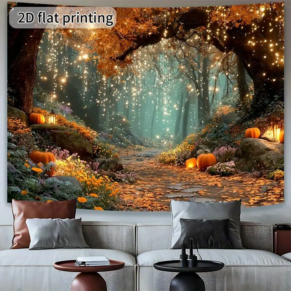 Printed 2D Flat Printing Polyester Indoor Backdrop Banner, Autumn Forest Golden Trees Fallen Leaves Pumpkins Design, for Thanksgiving, Halloween Decorations, Indoor Backdrops