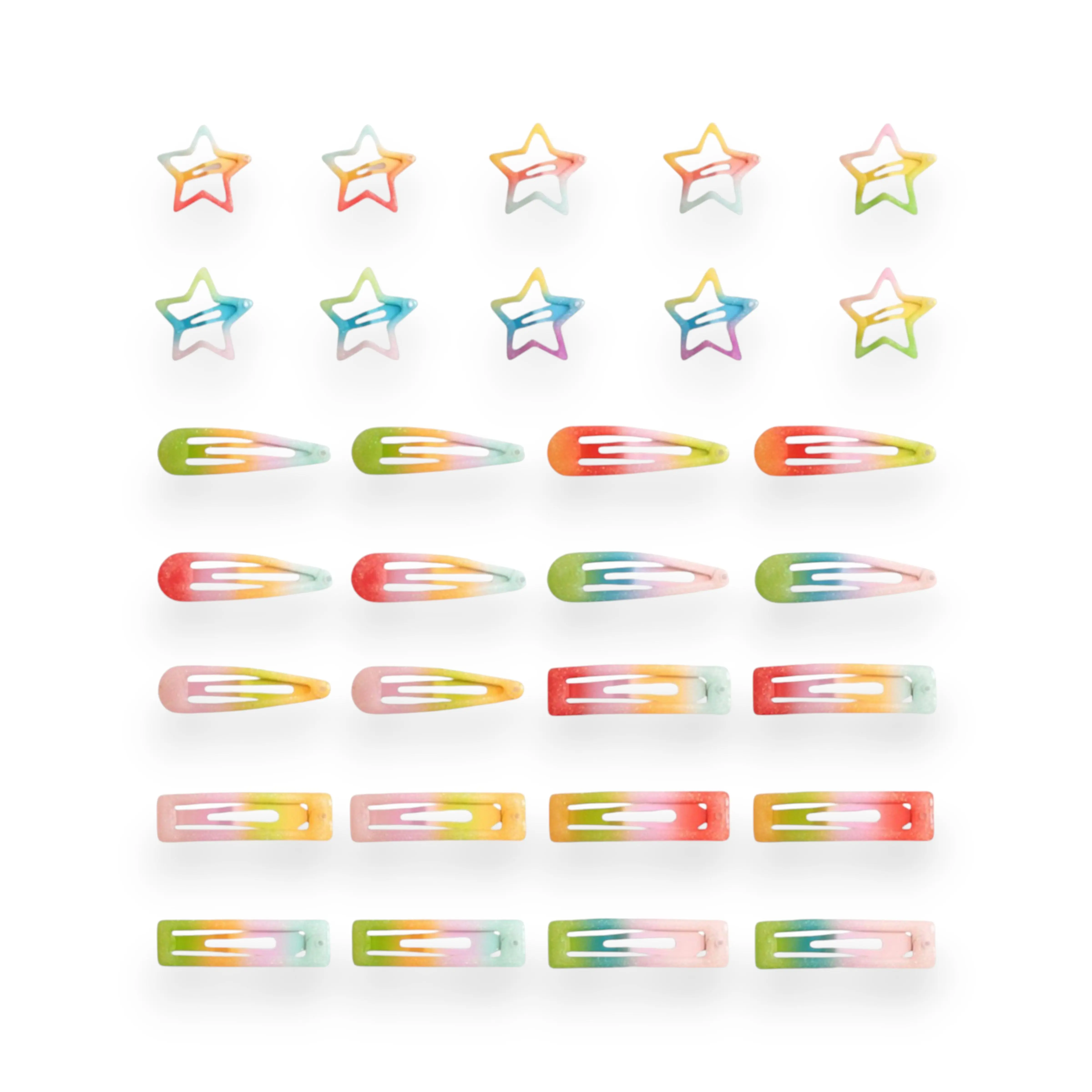 Summer Crystal Metal Snap Barrette Hair Clips - 20/30 Piece Rainbow Gradient Pack with Anti-Fall-Off Lock & Glitter Finish