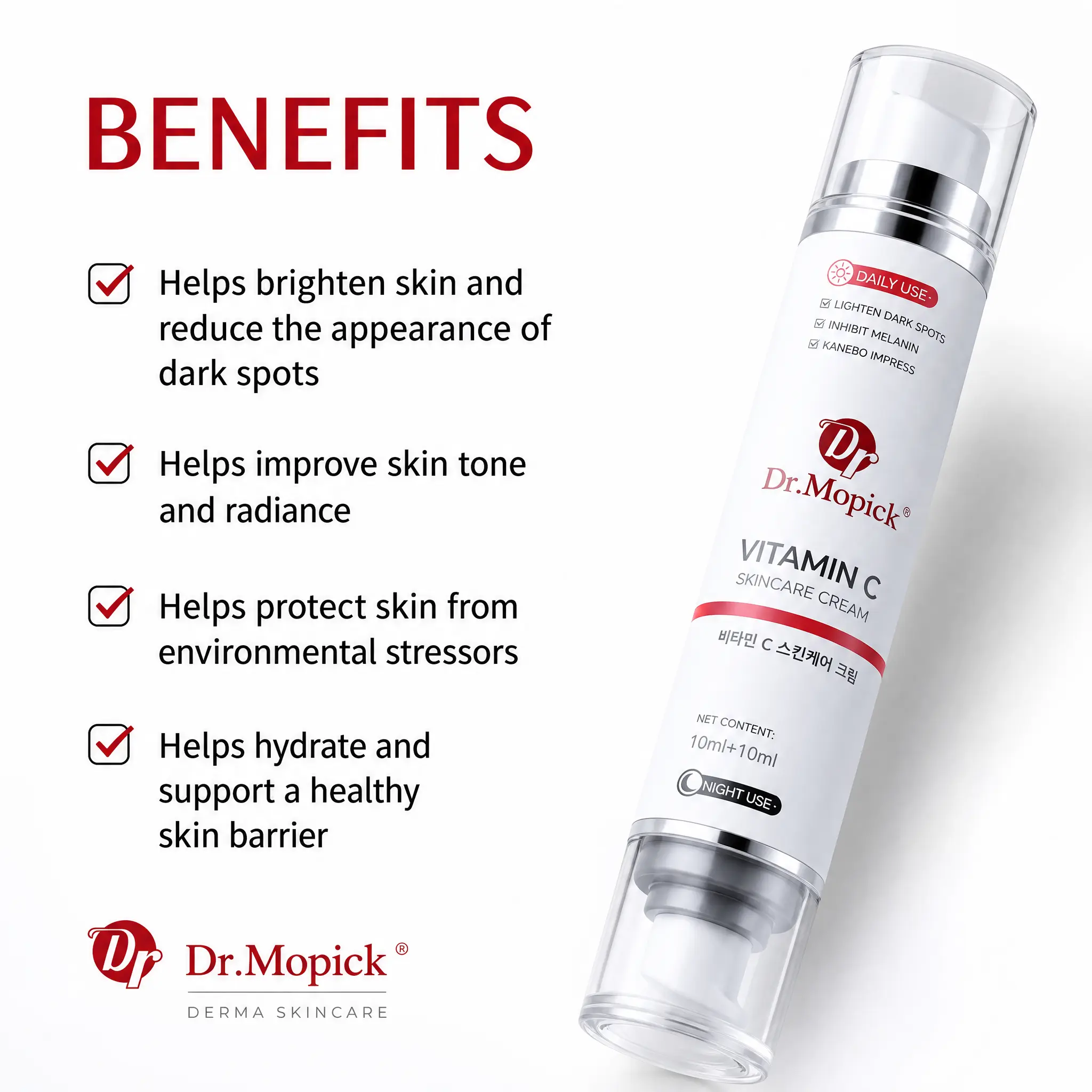 Dr.Mopick Advanced Vitamin C Brightening Complex Dual Chamber Niacinamide Serum Day Night Hydrating Face Care Moisturizer Skin Repair